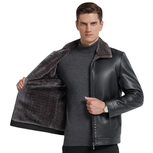 

men's jackets 203 fashionmiddle-aged lapel winter plus velvet padded liner dad outfit fur integrated leather jacket, Black;brown