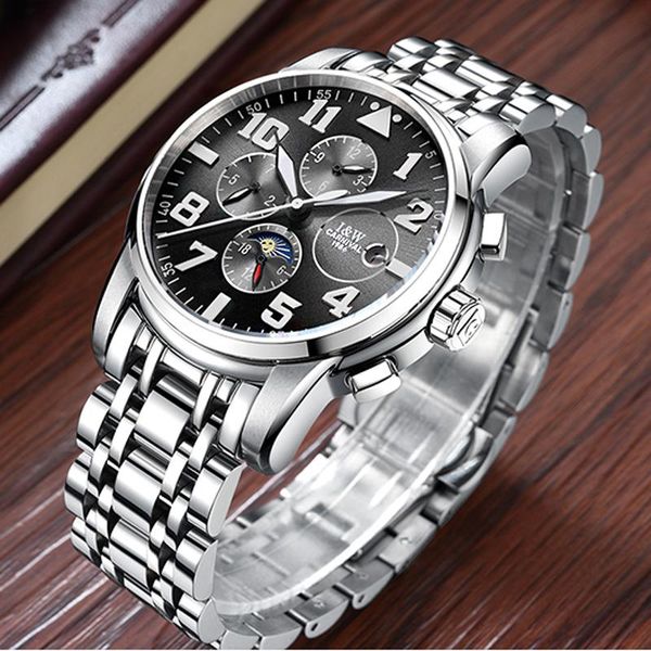 

wristwatches luxury automatic mechanical watch men fashion silver black full steel calendar moon phase business mens clock, Slivery;brown