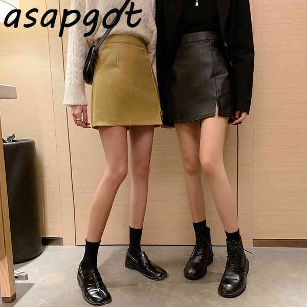 

korea chic autumn new black pu leather skirt women mini high waist a line slim solid vintage femme jupes street plus size casual 210323