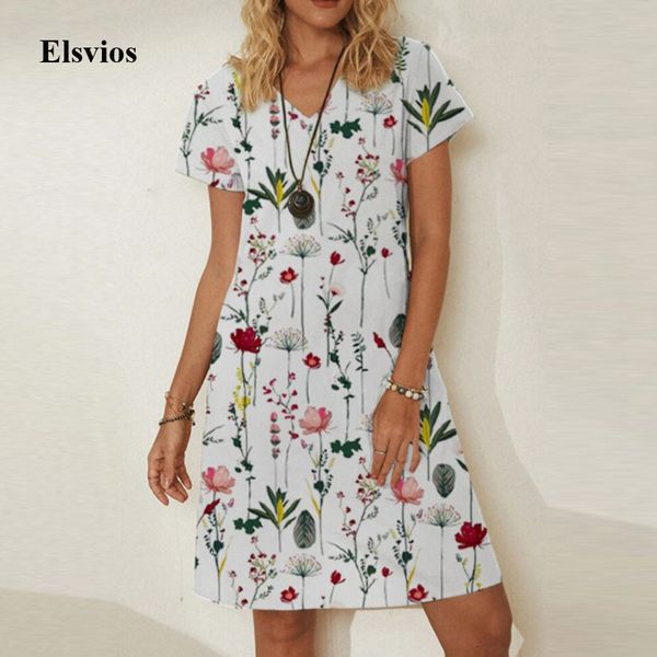 

casual dresses summer v-neck women party elegant vintage floral grass print mini 2021 fashion short sleeve loose o572, Black;gray