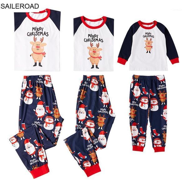 

family matching outfits saileroad clothes mother daughter son kids baby long sleeves parent-child christmas deer pajamas set, Blue