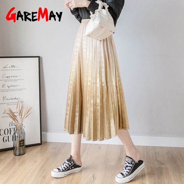 Высокая талия плиссированная юбка для женщин весенний градиент цвет MIDI женская повседневная A-Line S Gold бархат Maxi S 210428