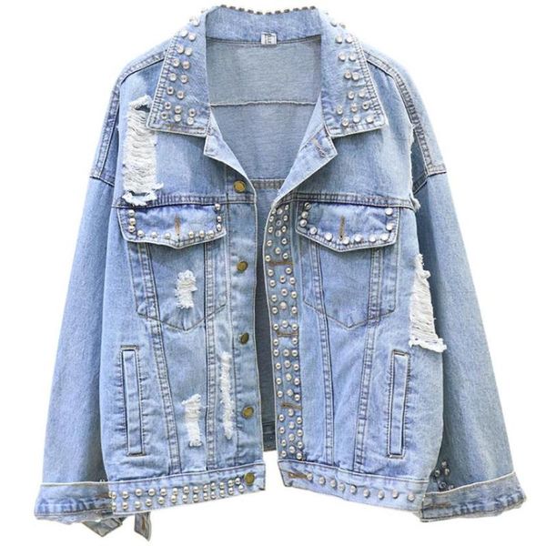 

women's jackets 2021 spring autumn fashion heavy rivet loose hole denim short jacket women long sleeve student jeans coat, Black;brown