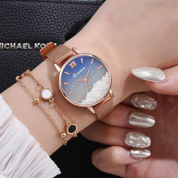 

wristwatches 2pcs/set chic women fashion mesh strap classic texture creative design quartz analog watch ladies elegant bracelets, Slivery;brown