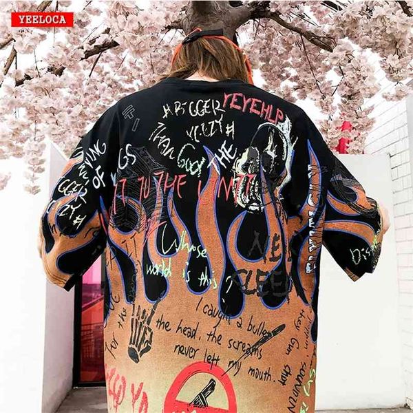 

summer spring new flame graffiti hip hop t-shirt men and women casual oversized cotton joker short sleeve shirt clothes 210329, White;black