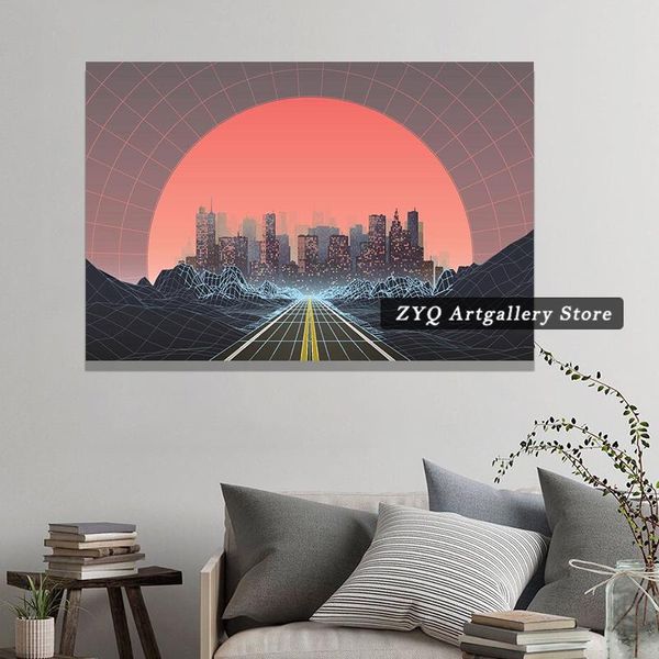 

paintings 1980s style retro digital city landscape sunset vaporwave aesthetic cool wall decor art print poster