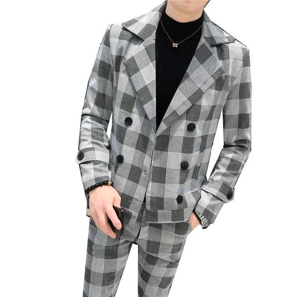 

jacket pants autumn winter plaid double breasted suit two piece set male gentleman dress blazers coat slim fit trousers men's suits &, White;black