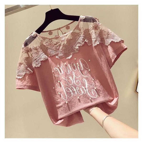 

fashion t-shirt for women lace crew neck letters print summer graphic tees streetwear 210601, White