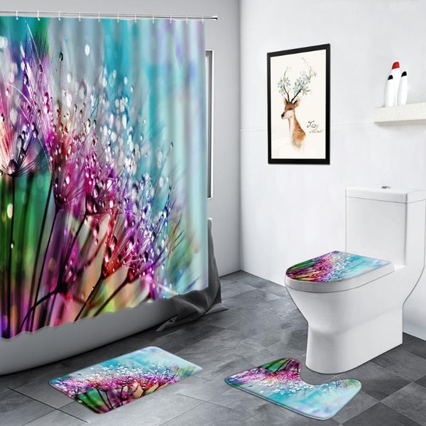 

shower curtains floral dewdrop dandelion sunflower tulip lily natural flowers scenery bathroom non-slip rug toilet bath mats set
