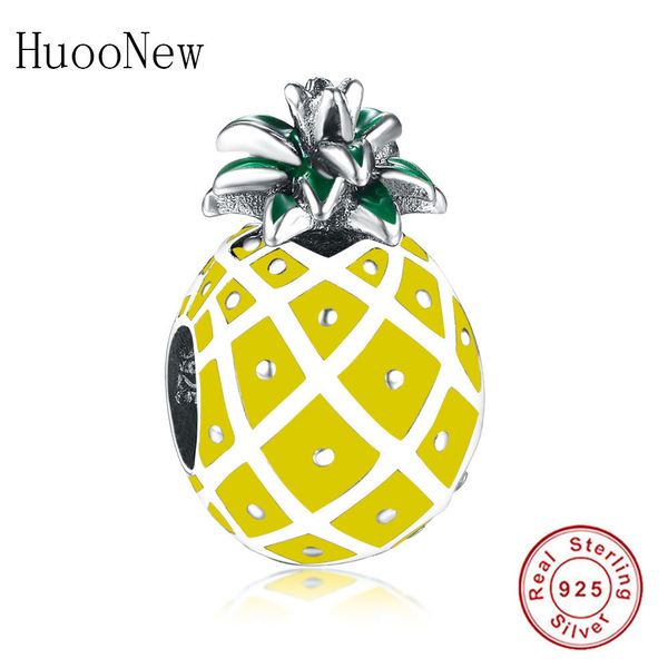 

HuooNew Fit Original Charms Bracelet Necklace 925 Sterling Silver Yellow Enamel Fruit Pineapple Bead Making Berloque DIY A0630, Bronze;silver
