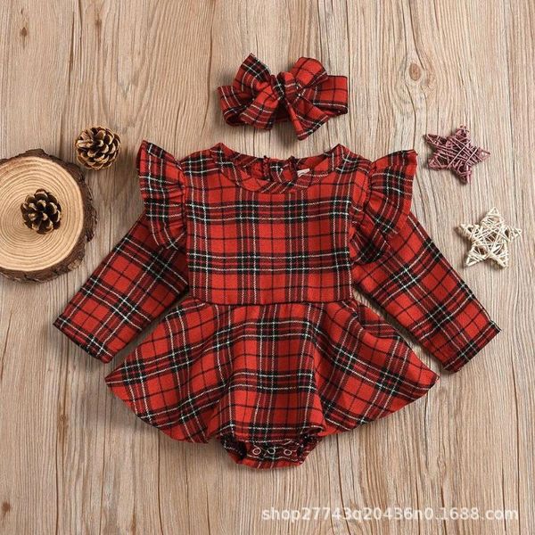 

jumpsuits toddler girls christmas red plaid romper with hair bands fashion baby clothing long sleeve clothes, Blue