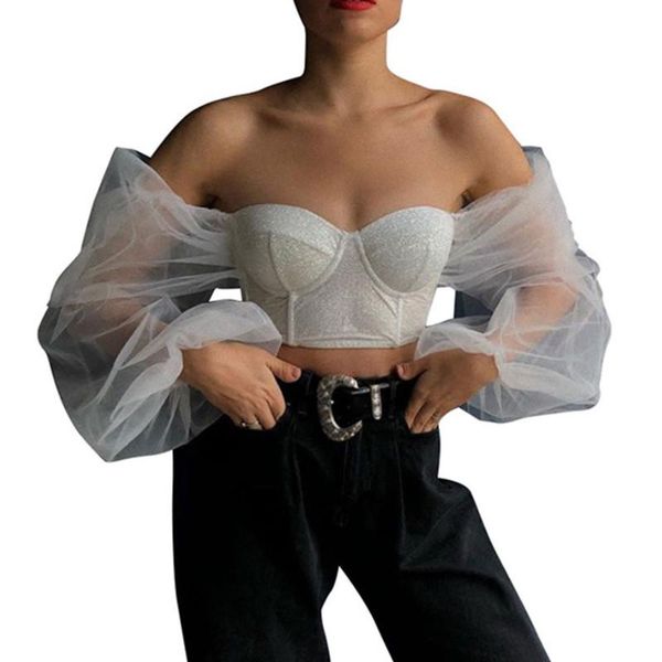 

women's t-shirt women off-shoulder clothing gauze patchwork crop evening party casual short garments, White