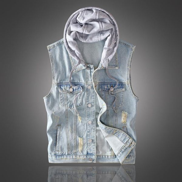 

men's vests fashion streetwear men vest retro light blue destroyed punk denim hooded coats sleeveless hip hop chaqueta hombre, Black;white
