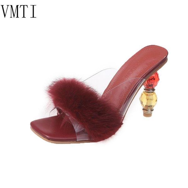 

transparent crystal with fashionable high-heel sandals and slippers for women's outer wear plush, Black