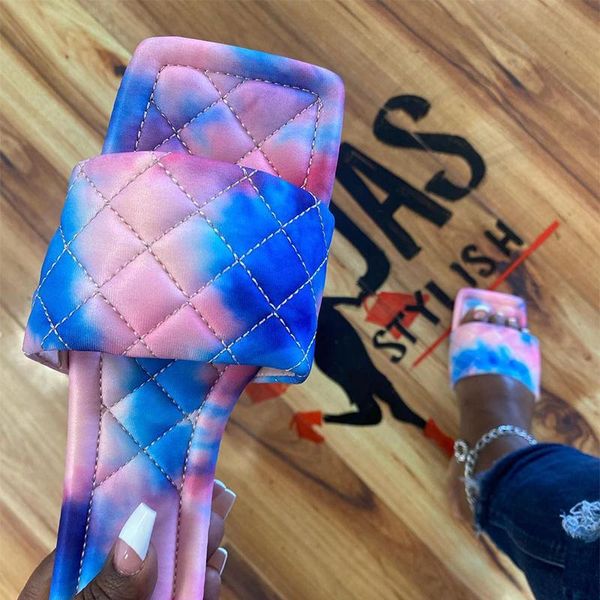

slippers 2021 women diamond lattice tie dye female summer square toe fashion beach slides ladies casual sewing flat plus size, Black