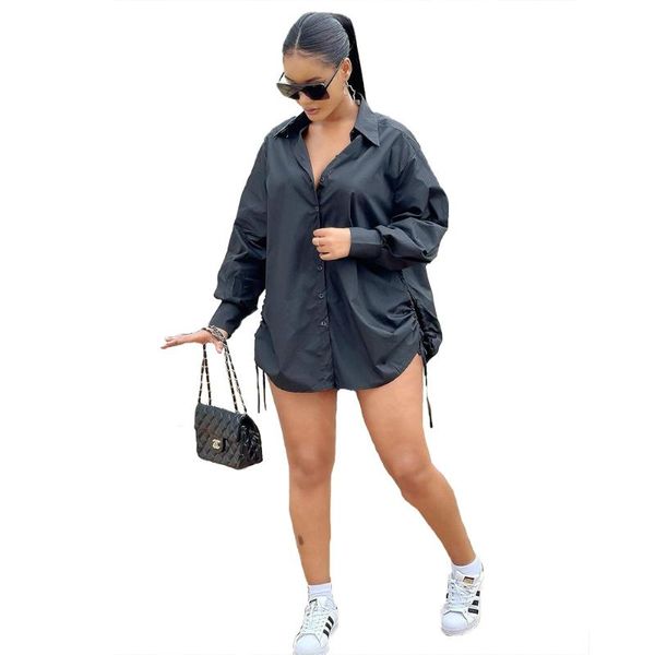 

casual dresses zaggin 2021 autumn fashion women solid drawstring single breasted shirt dress lady collar baggy package hip mini, Black;gray