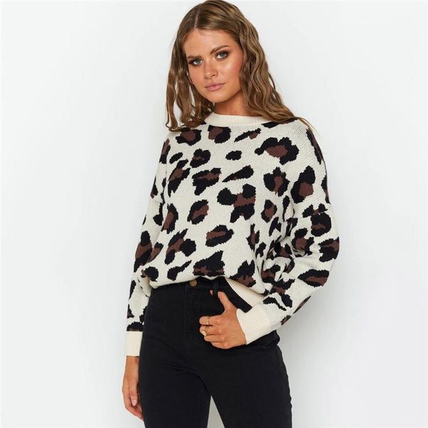 

autumn and winter sweater female fashion hedging leopard print jacquard round neck street hipster daily ladies women's sweaters, White;black