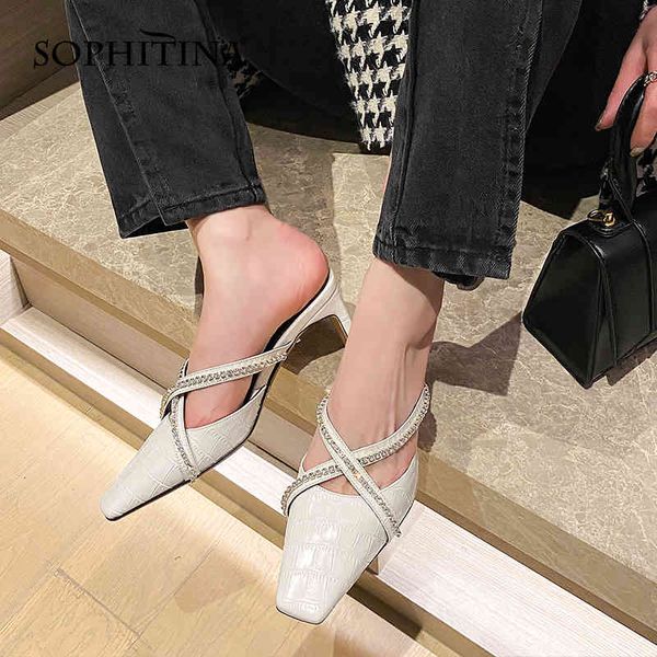 

sophitina trendy women shoes sandals high heels square toe shoes soft leather summer all-match female slippers ao621 210513, Black
