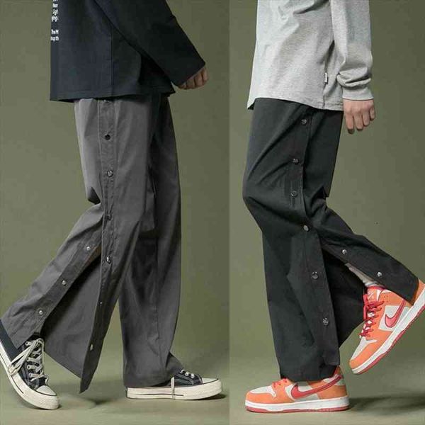 

double side buttons casual cargo women pant spring streetwear loose straight trousers mens grey black