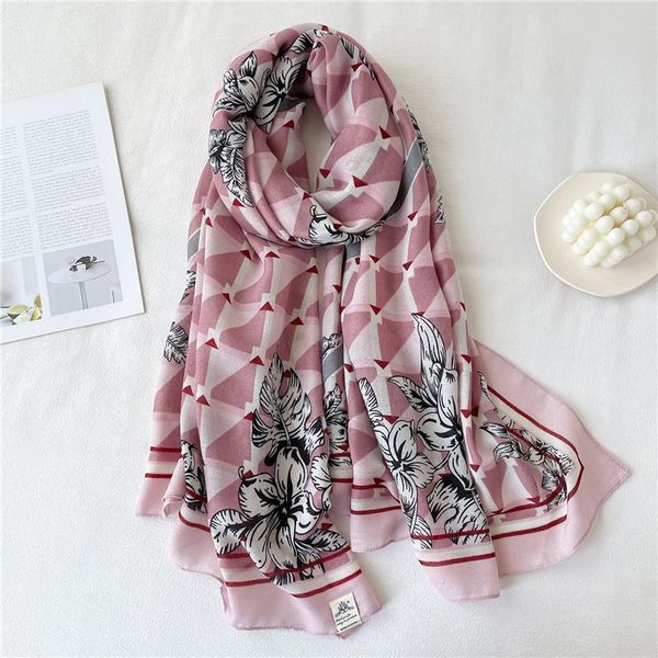 

scarves flower cotton pashmina scarf women luxury print 180*90cm headband bandana hijab winter shawl wrap blanket neck echarpe turban, Blue;gray