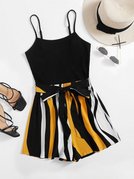 

colorblock combo belted slip romper h92z#, White