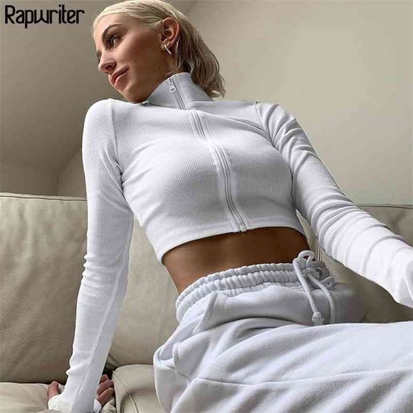 Rapwriter casual turtleneck zipper médio malha com nervuras elástico branco t-shirt menina harajuku outono manga longa trecho superior 210401