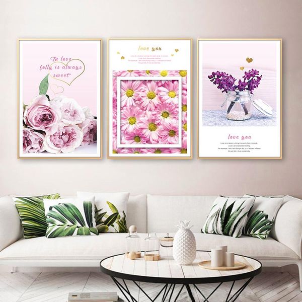 

paintings pink rose lavender daisy art wall canvas print nordic poster and printing painting living room decoracion hogar moderno