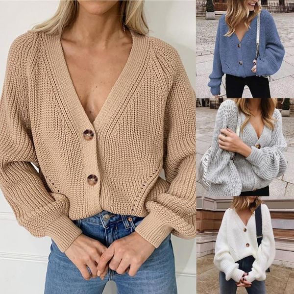 

women's knits & tees women knitted cardigan sweater solid color single-breasted autumn winter loose long sleeve v neck coat streetwear, White