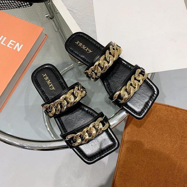 

women shoes summer sandals fashion casual beach outdoor flip flop metal chain decoration ladies flat, Black