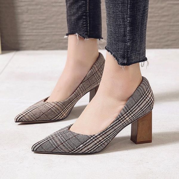 

dress shoes high heel women elegant lattice pattern pointed toe ladies office casual pumps slip-on footwear female, Black
