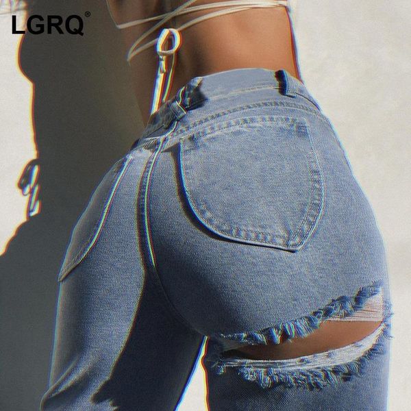

women's jeans [lgrq] high waist wide leg light blue hole casual loose women trousers fashion tide spring autumn 2021 19d1038