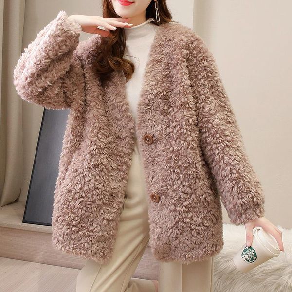 

women's fur & faux women 2021 autumn winter fashion real lamb wool coat natural jacket female long sleeve granule warm outerwear x836, Black