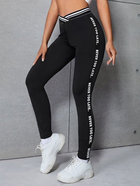 

overlap waist slogan taped leggings 32vq#, Black