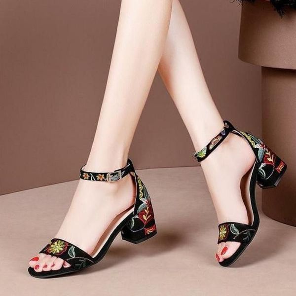 

sandals plus size 41 summer women embroider ankle strap high heels dress shoes flower ladies ytmtloy sadalias femininas, Black