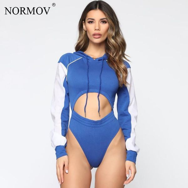 

women's jumpsuits & rompers normov women thong bodysuit long sleeve thicken hooded drawstring casual patchwork hollow out playsuit 2021, Black;white