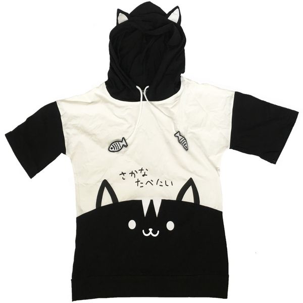 

summer japanese kawaii female gray shirts soft sister cute fashion words cat embroidery girls tees with ear caps t-shirt, White