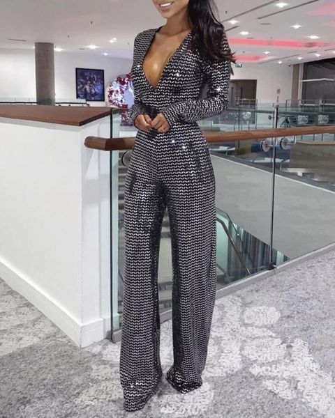 

women's jumpsuits & rompers glitter deep v-neck backless jumpsuit, Black;white