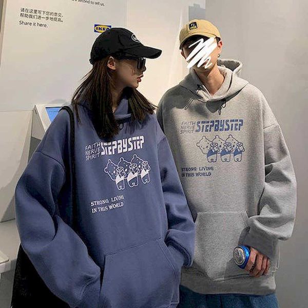 Amantes desgaste hoodies outono tendência cartoon urso com capuz moletom jaqueta homens mulheres coreanas soltas estudante classe roupas kawaii 210526