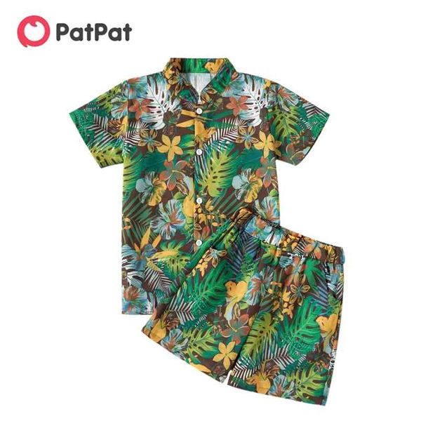 

summer kids vacation flora allover print polo shirt and shorts set 210528, White