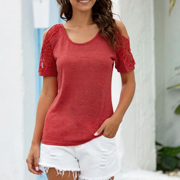 

women's t-shirt ropalia women round collar t shirt off shoulder short-sleeved female hollow out solid color, White