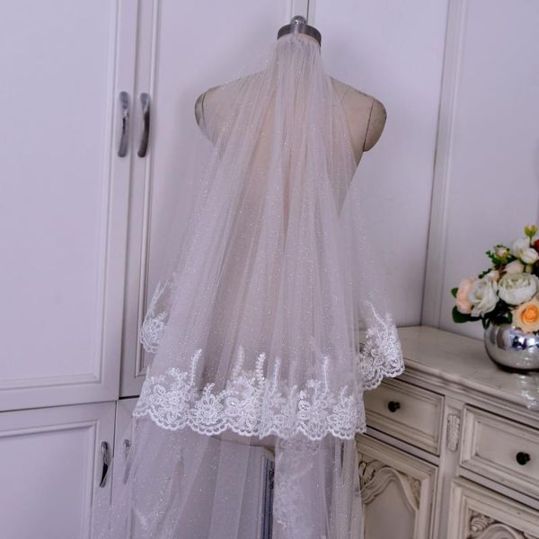 

bridal veils ueen v105 lace edge sparking wedding veil with blusher two tier long cover face glitter, Black