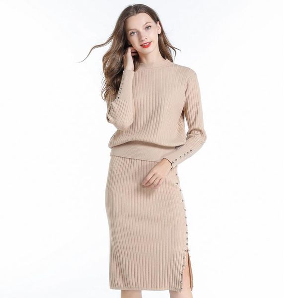 

two piece dress autumn winter round collar loose knitwear fashion split nail bead long skirts two-piece outfit european style, White