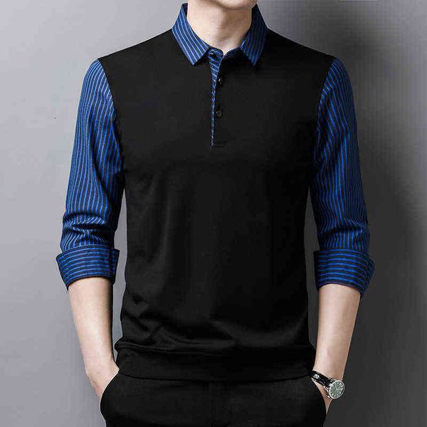 

2021 spring autumn fake two striped long sleeve t- bottomed shirt middle-aged and young men's thin top, White;black