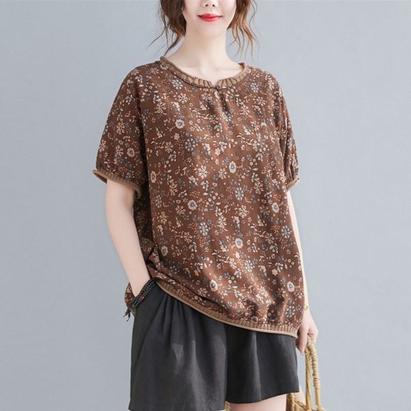 

women summer loose casual t-shirts new arrival simple style vintage floral print female cotton linen tees s3581 210412, White