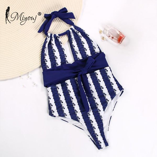 

miyouj stripe print one-piece suits hollow out halter women swimsuit 2021 swimwear patchwork bathing suit