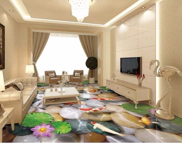

wallpapers 3d floor painting wallpaper pebble lotus carp pvc self-adhesive bathroom