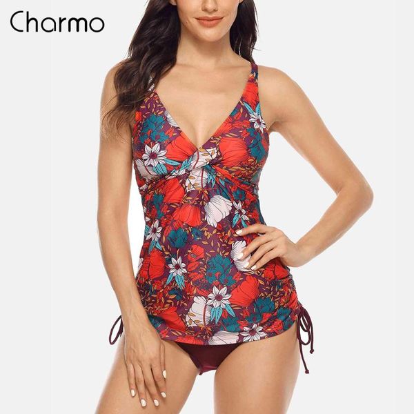 

one-piece suits charmo women swimwear tankini set two piece vintage floral printed back cross swimsuit beachwear bathing suit