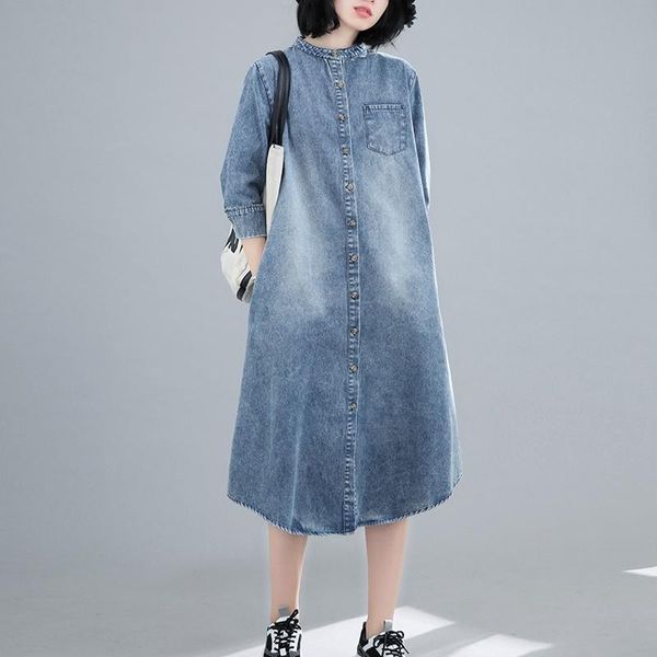 

vintage denim dress 2021 spring autumn loose plus size jeans female 3/4 sleeve ladies oversize robe femme 20326 casual dresses, Black;gray