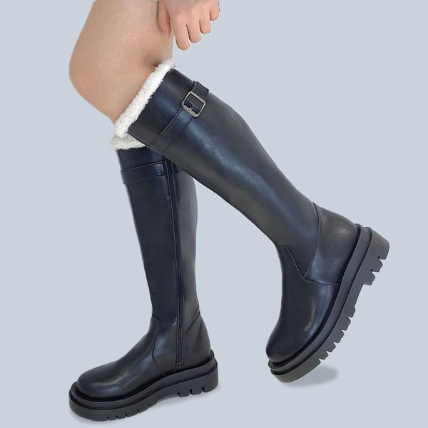 

boots high-quaity cool zipper skidproof platform easy walk leisure warm plush russia winter snow knee high women shoes, Black