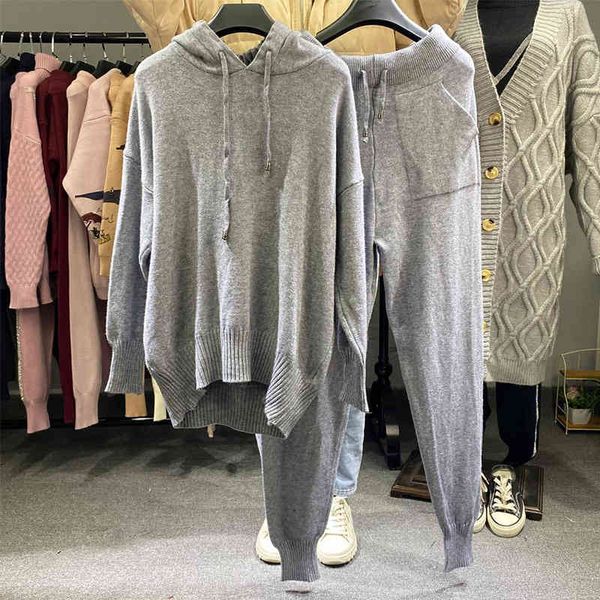 

female casual oversized long hoodie sleeve plus baggy pants legged sweater set outfits a163, White